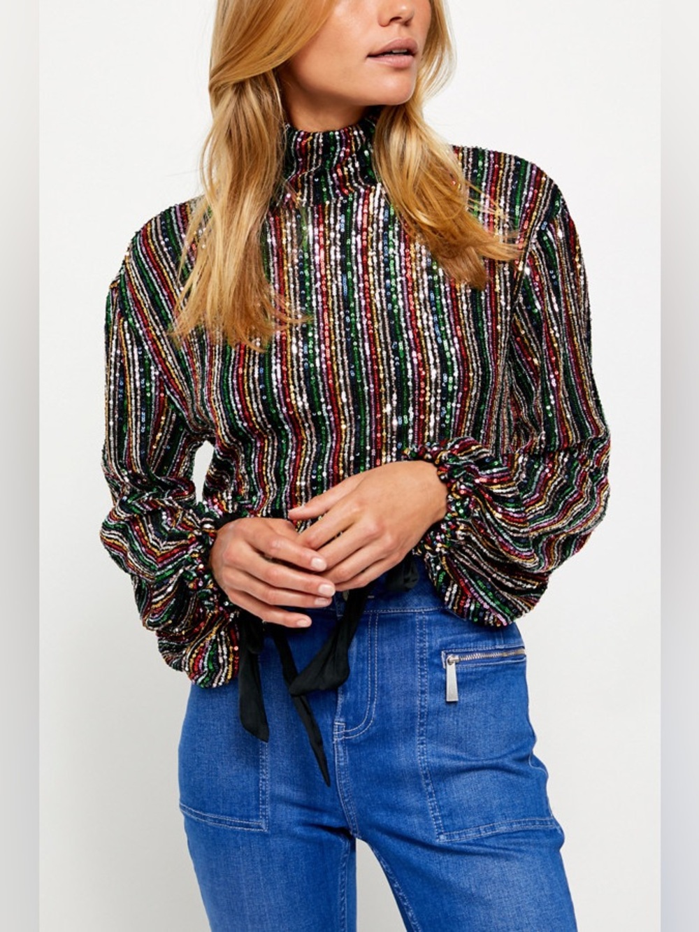 Free People Rainbow Striped Sequin Mock Neck Midnight City Top L Party Rave NYE